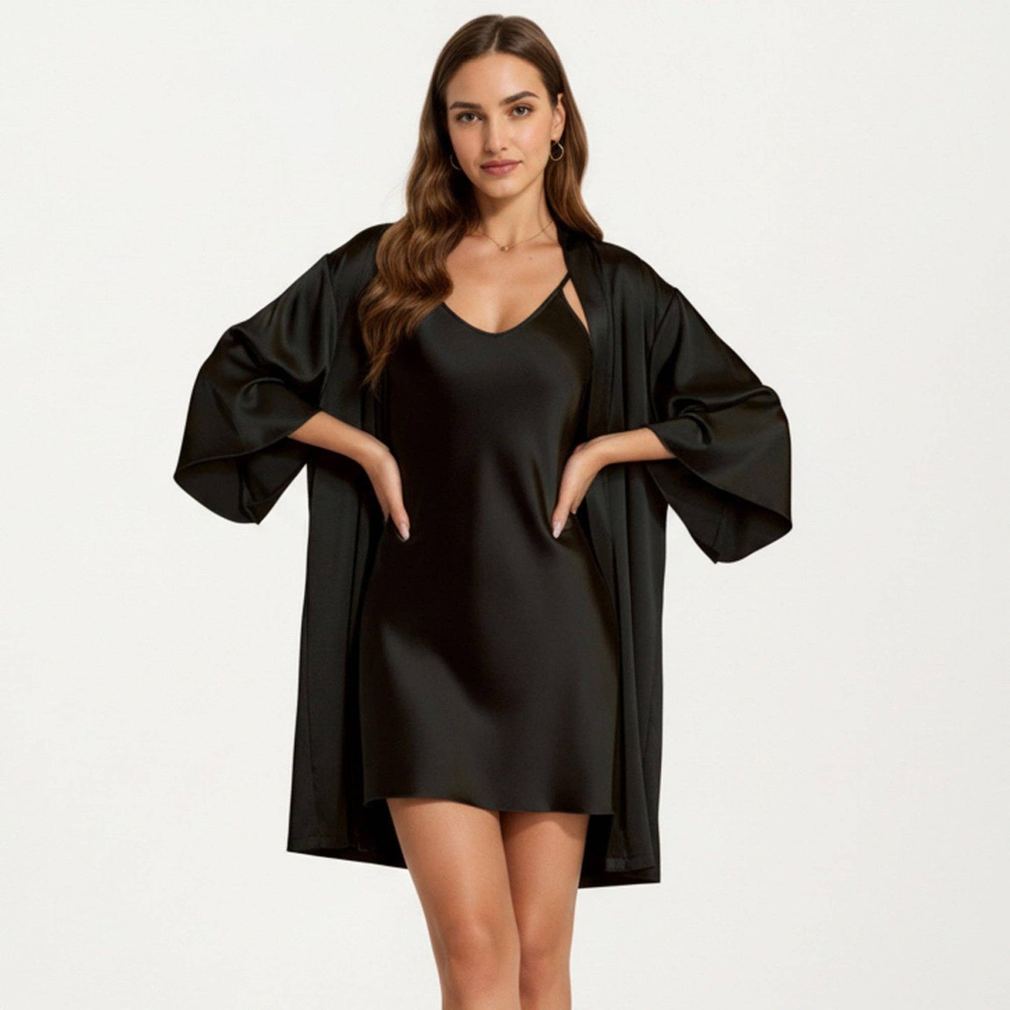 2-Piece Set Satin Slip Dress and Open Front Robe with Flowing Draped Sleeves and Lightweight Fabric