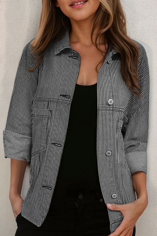 Stripe Oversize Pocketed Denim Jacket