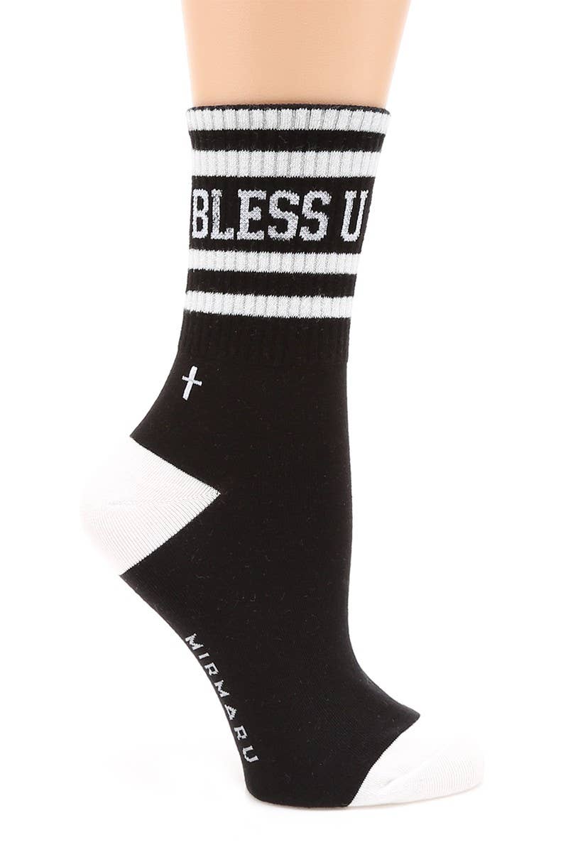Women's Striped Letter Cotton Blend Crew Socks.