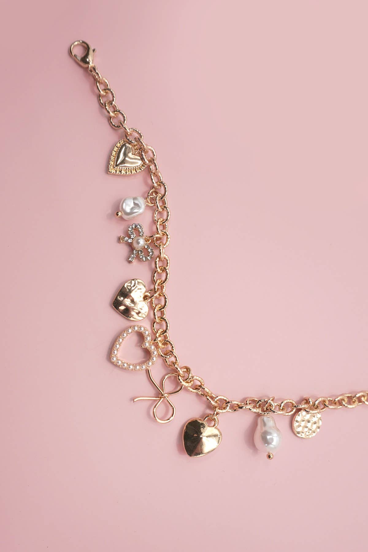 CHARM BRACELET-BOW HEART PEARL DISC| 80B1290
