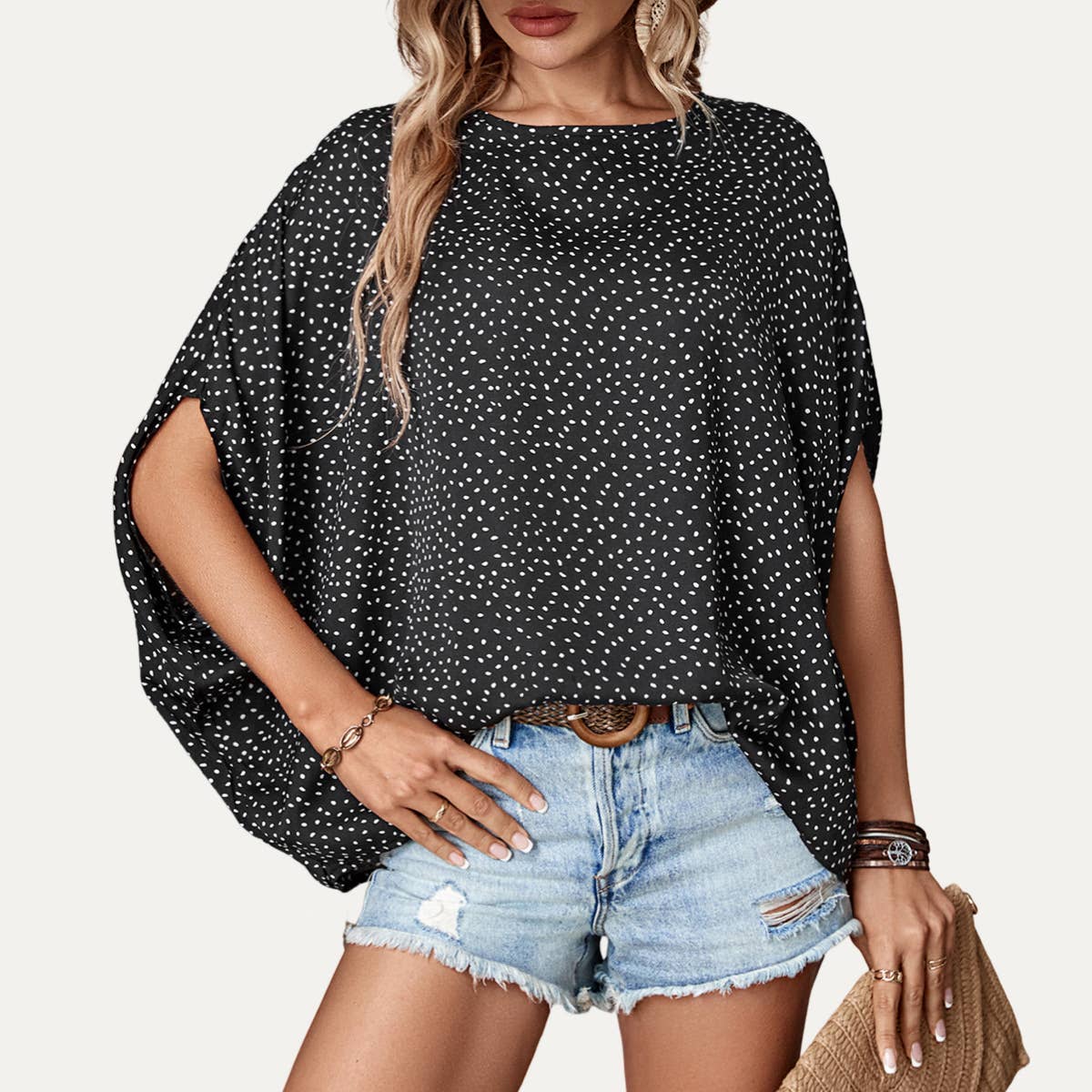 Trendy Black Dot Print Round Neck Batwing Sleeve Top