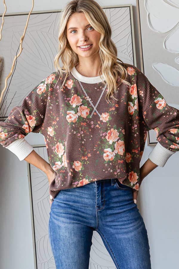 Cozy Floral Rib Drop Shoulder V-Stitch Pullover Top T5699