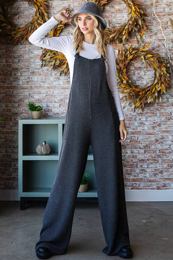 Rib Knit Wide Leg Adjustable Strap Overall Jumpsuit J5293