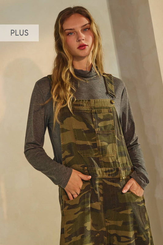Plus Camo Denim Barrel Overall Jumpsuit