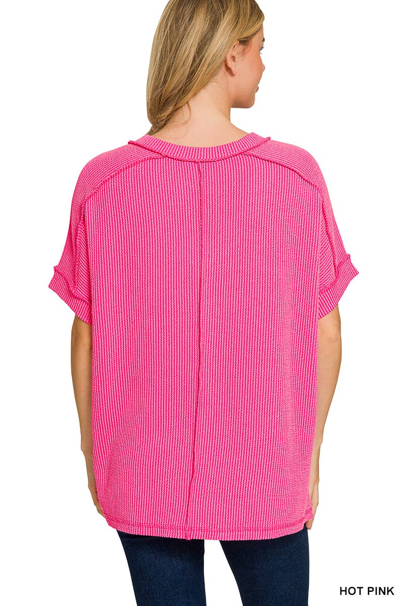 Corded Rib Short Sleeve Hi-low V Neck Top