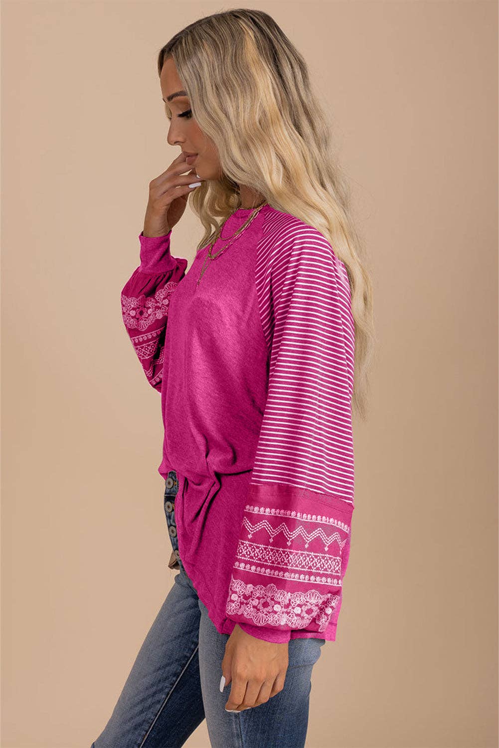 Tillandsia Purple Contrast Print Striped Raglan Long Sleeve Loose Top