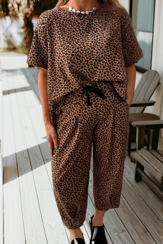Leopard Loose Tee Drawstring Waist Barrel Pants Set (S-4X)