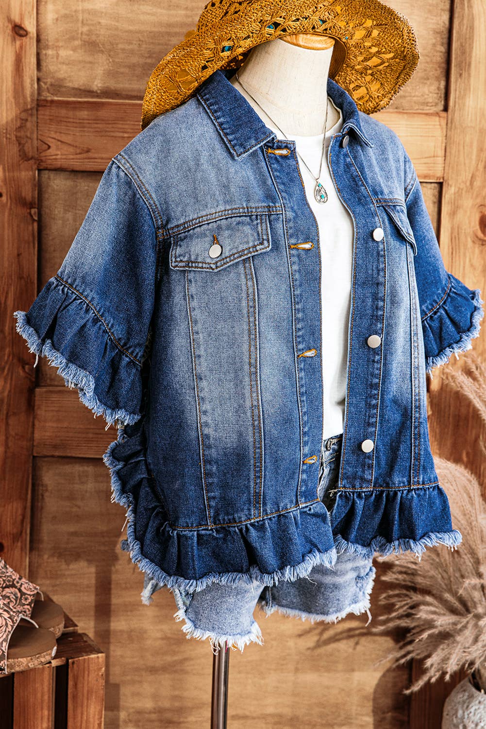 Western Fall Raw Edge Ruffle Short Sleeve Denim Jacket*S-4X