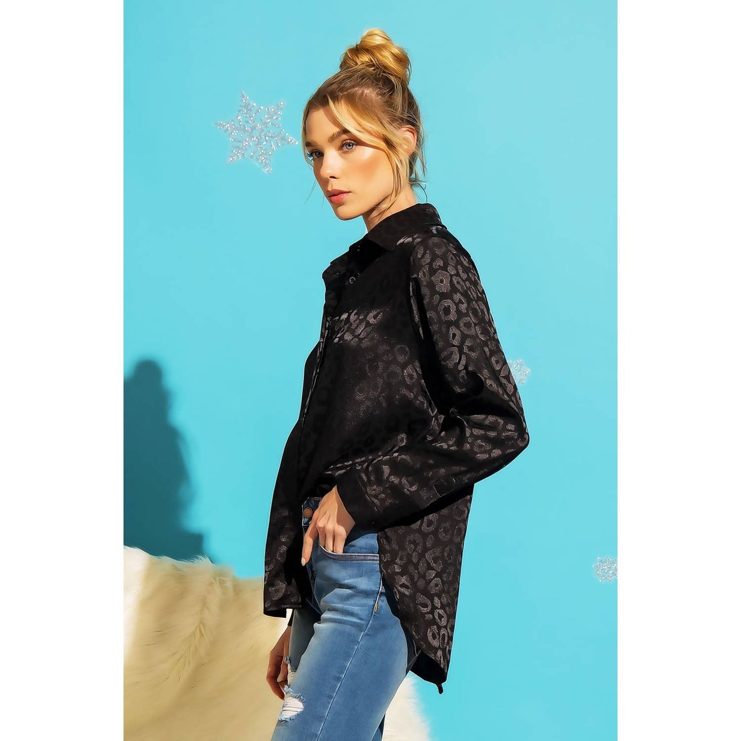 SATIN LEOPARD PRINT BUTTON DOWN TOP