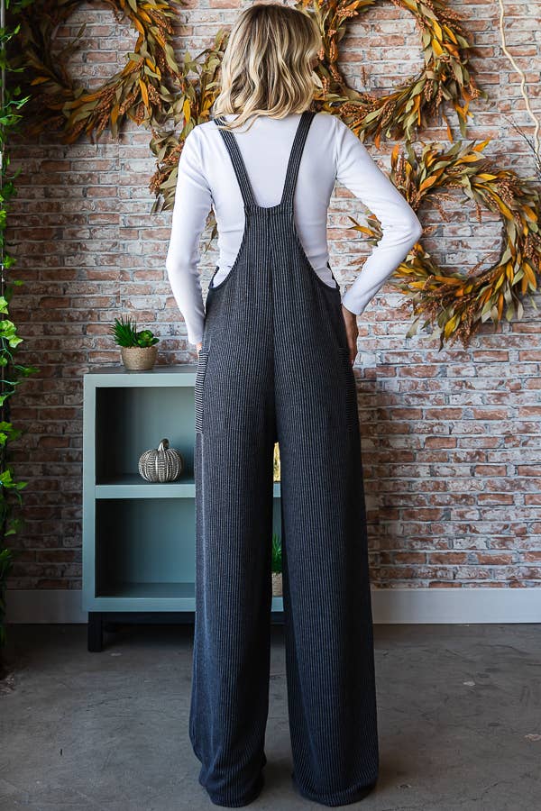 Rib Knit Wide Leg Adjustable Strap Overall Jumpsuit J5293