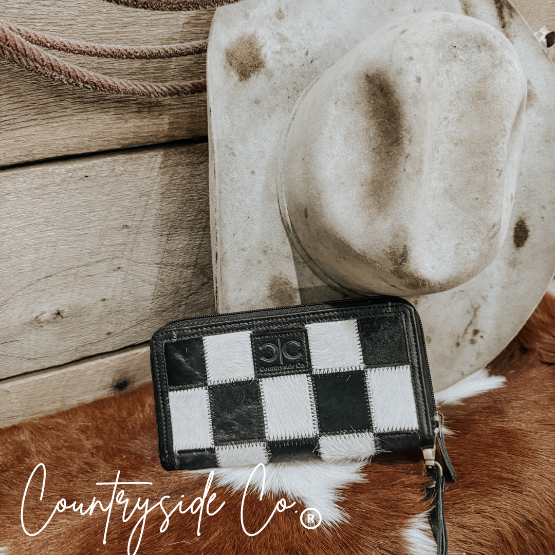 Checkered Cowhide Womens Wallet Wristlet Trendy