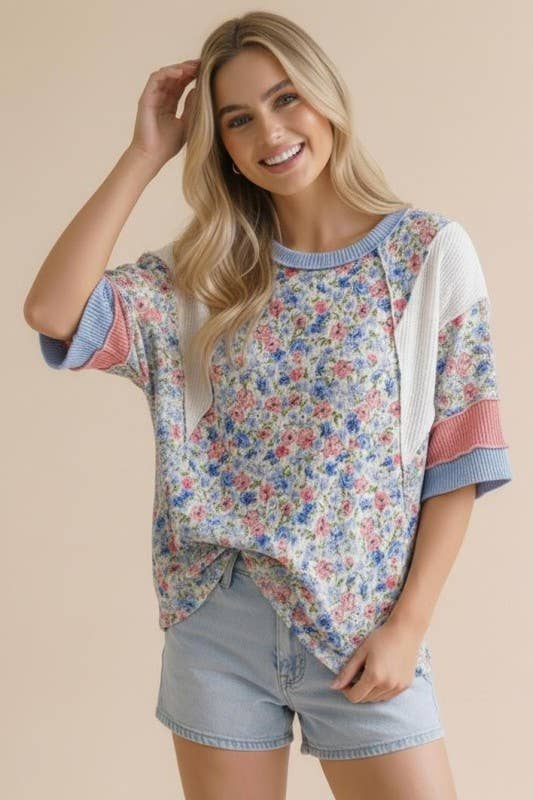 Short Sleeve Color Block Floral Knit Top