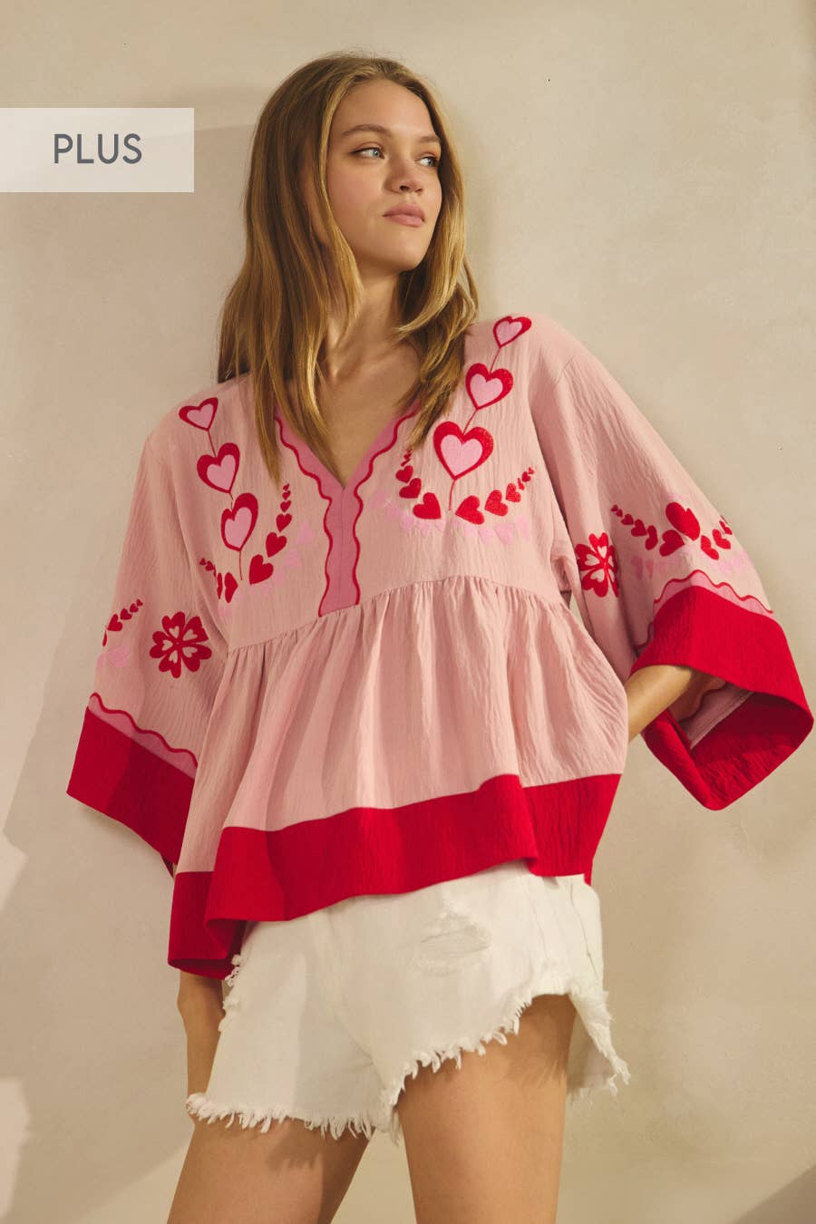 Plus Peasant-style Embroidered Top