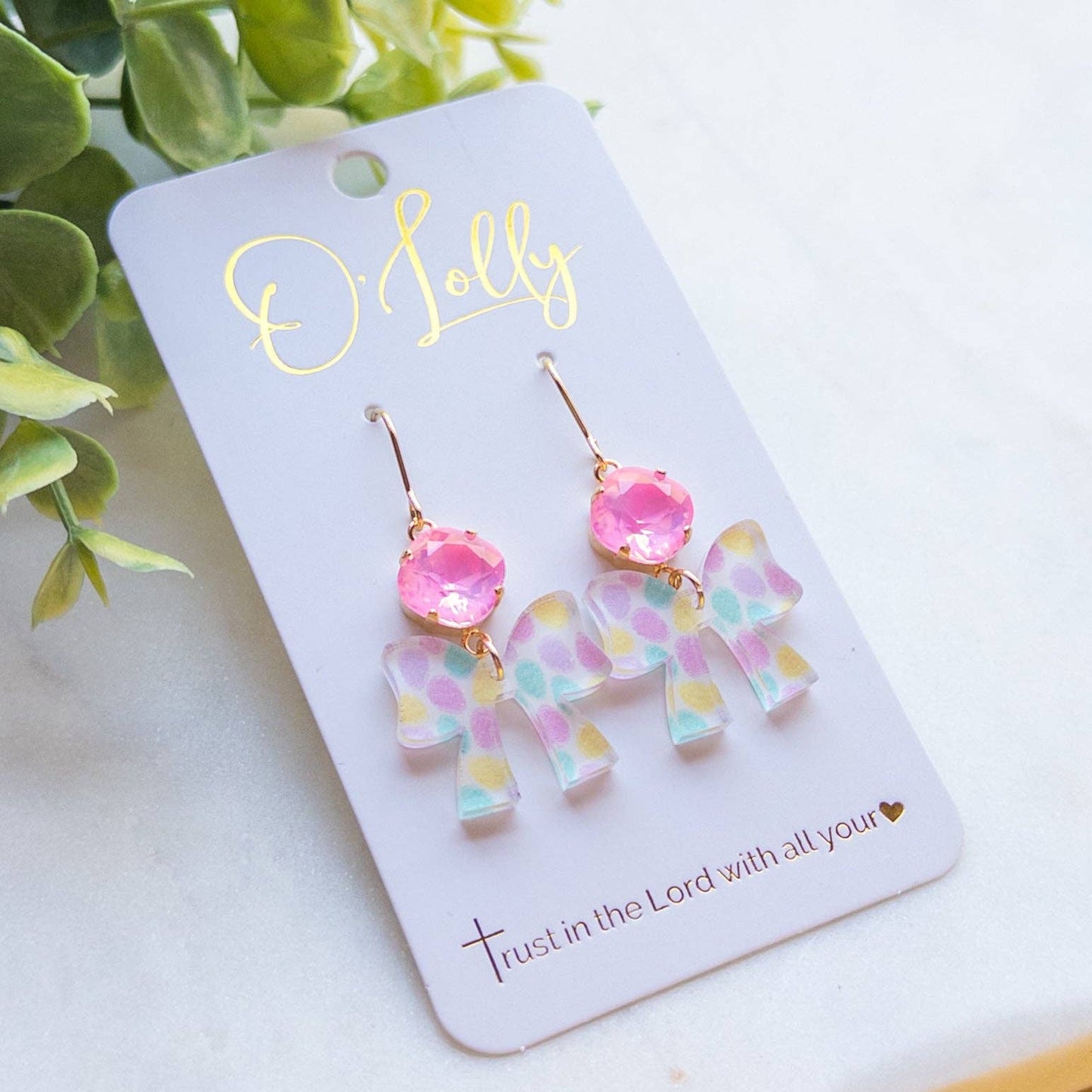 Pink Stone /Multicolored Acrylic Bow Dangle Earrings- Easter 10