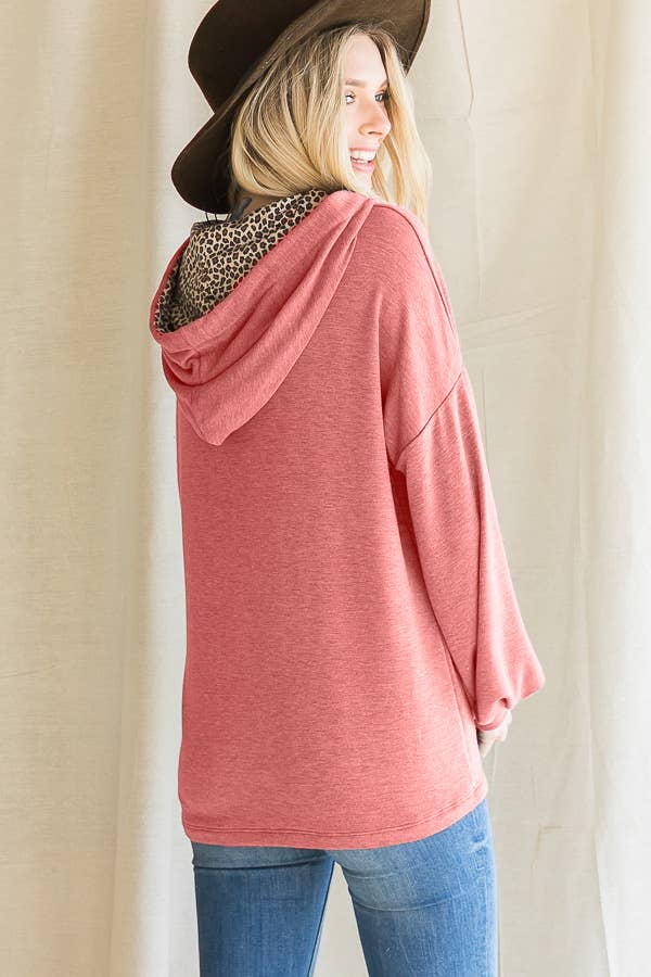 Leopard Drawstring Balloon Sleeves Pullover Hoodie T3716