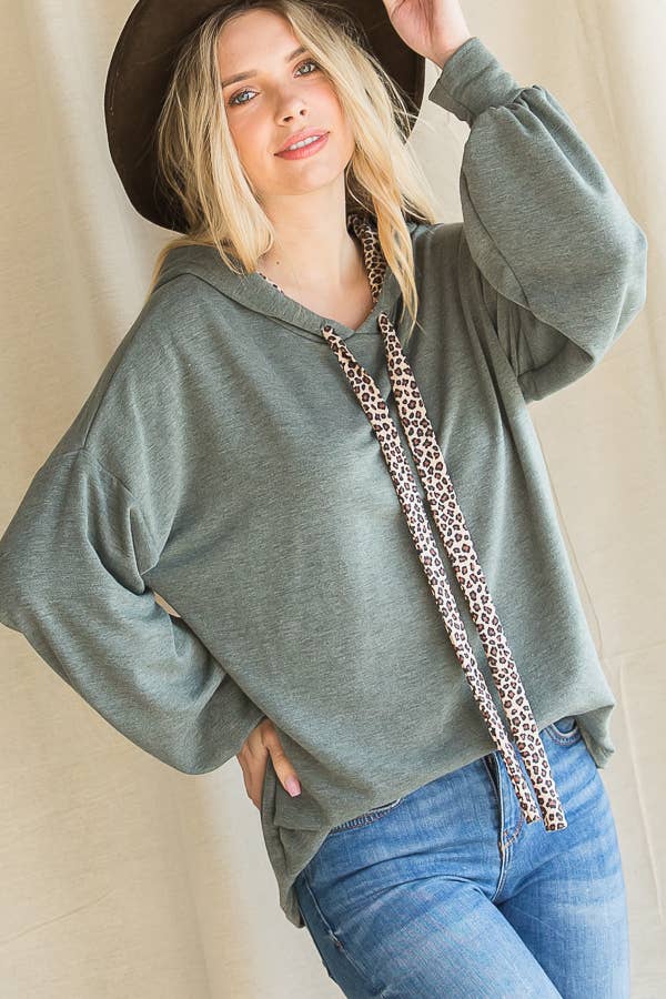 Leopard Drawstring Balloon Sleeves Pullover Hoodie T3716