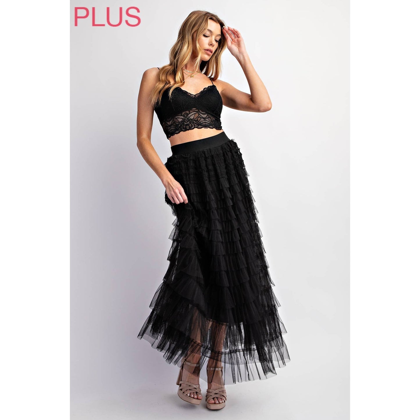 PLUS CASCADING TULLE MESH TIERED MAX SKIRT