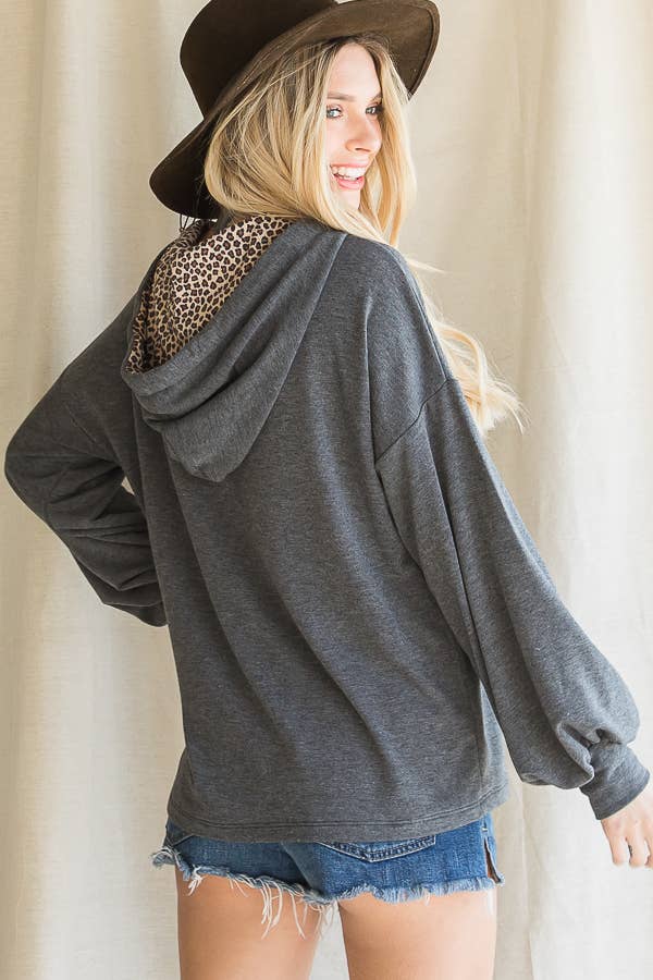 Leopard Drawstring Balloon Sleeves Pullover Hoodie T3716