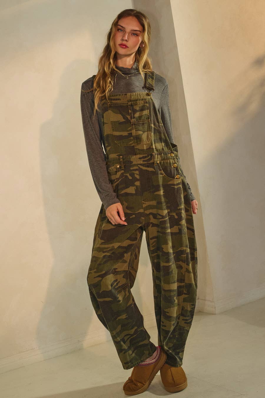 Plus Camo Denim Barrel Overall Jumpsuit