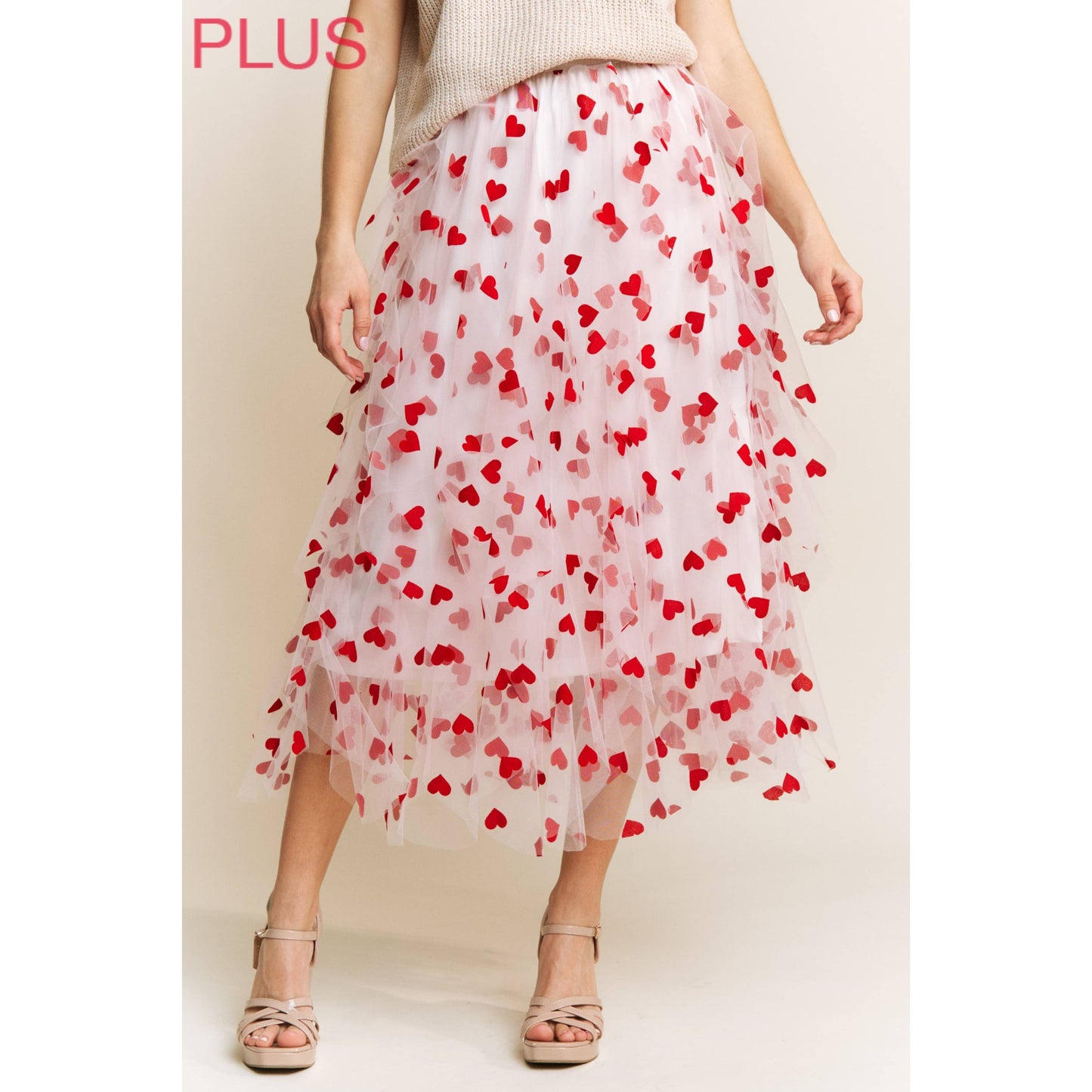 PLUS HEART VELVET FLOCKING MESH LAYERED MIDI SKIRT