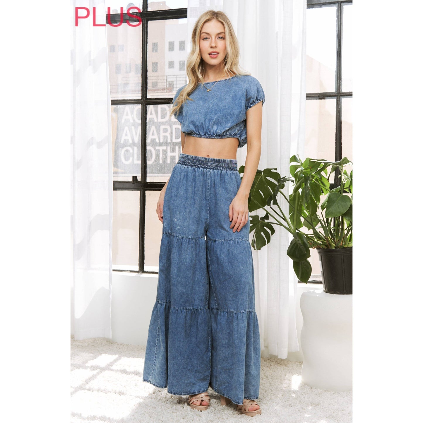 PLUS CHIC DENIM ELASTIC WAIST BAND WIDE LEG FLARED PANTS