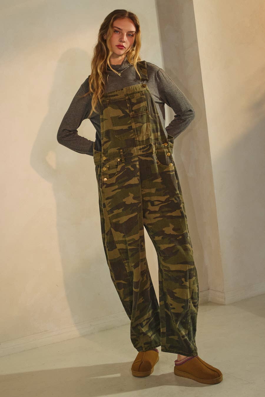 Plus Camo Denim Barrel Overall Jumpsuit