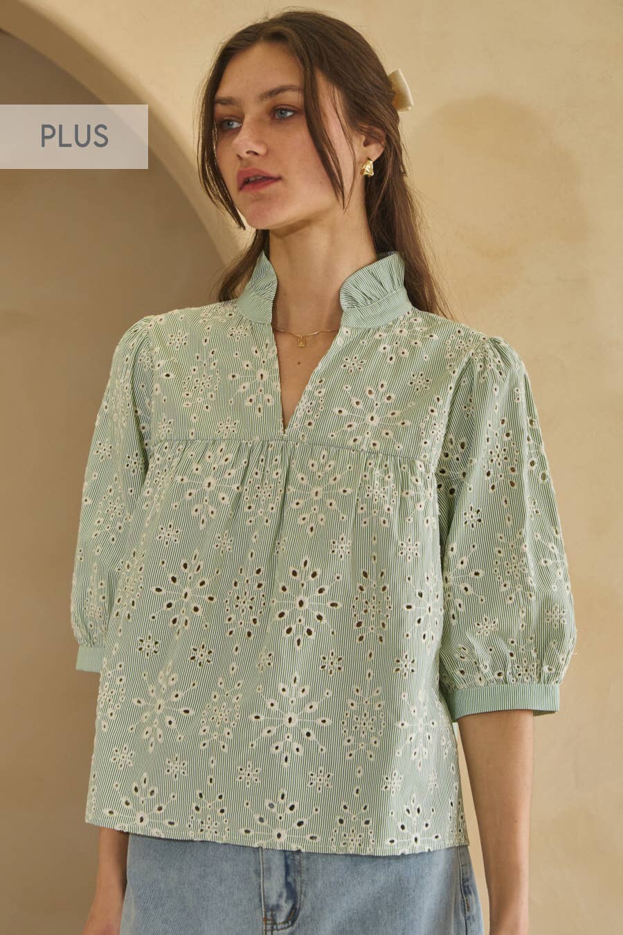 Plus Embroidery Pin Striped Half Sleeve Top