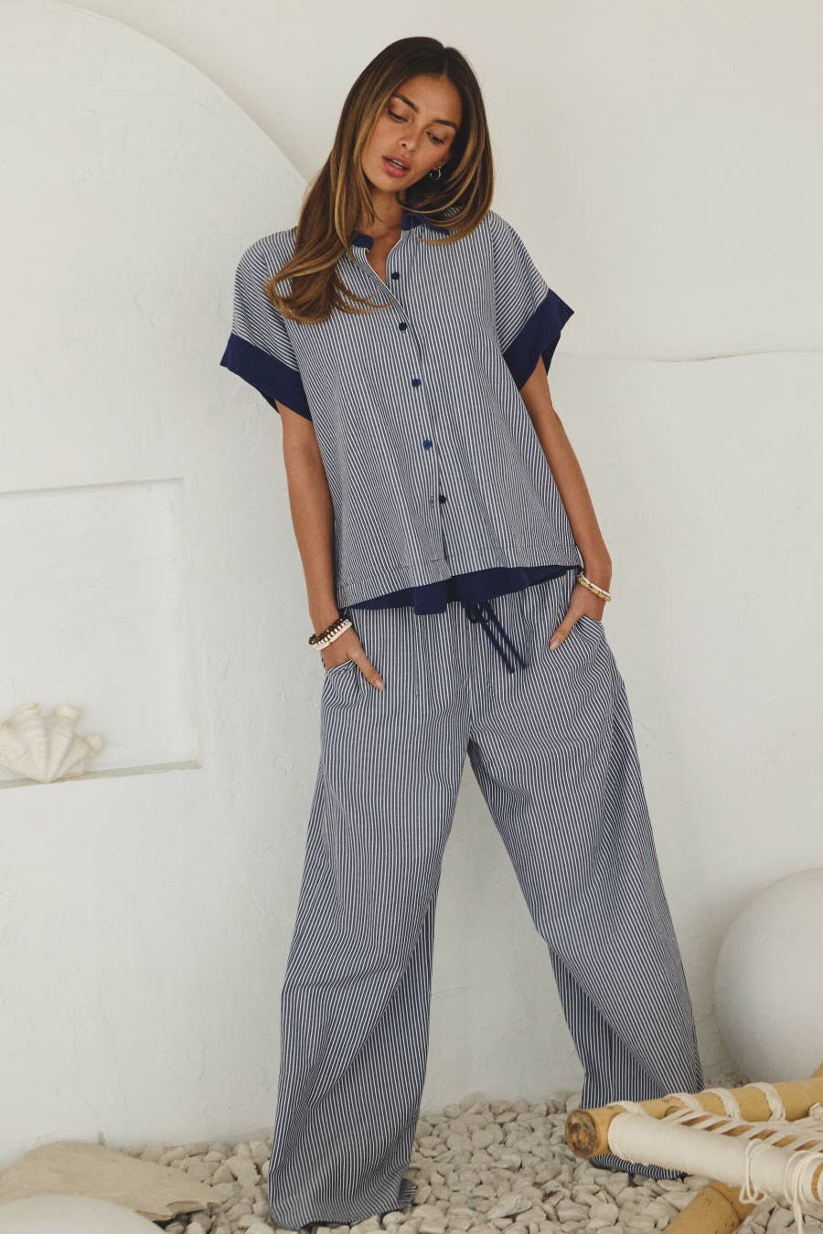 Plus Striped Button-down Top & Wide-leg Pants Set