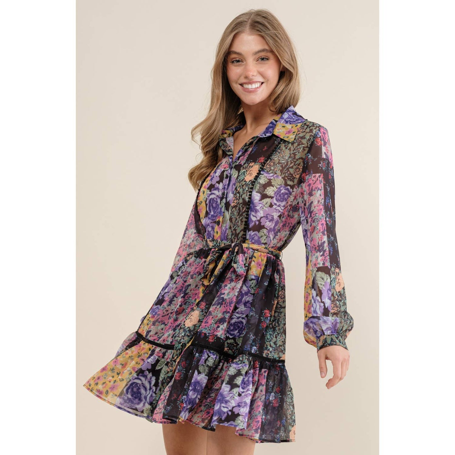 FLOWER PRINT LONG SLEEVE SHIRT DRESS