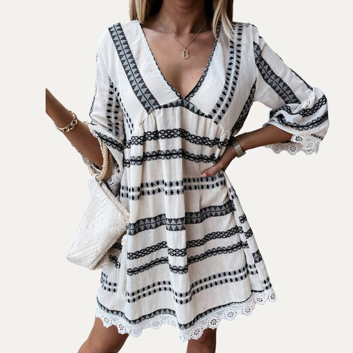 Perfect Boho-Style Printed V-Neck Crochet Lace Mini Dress