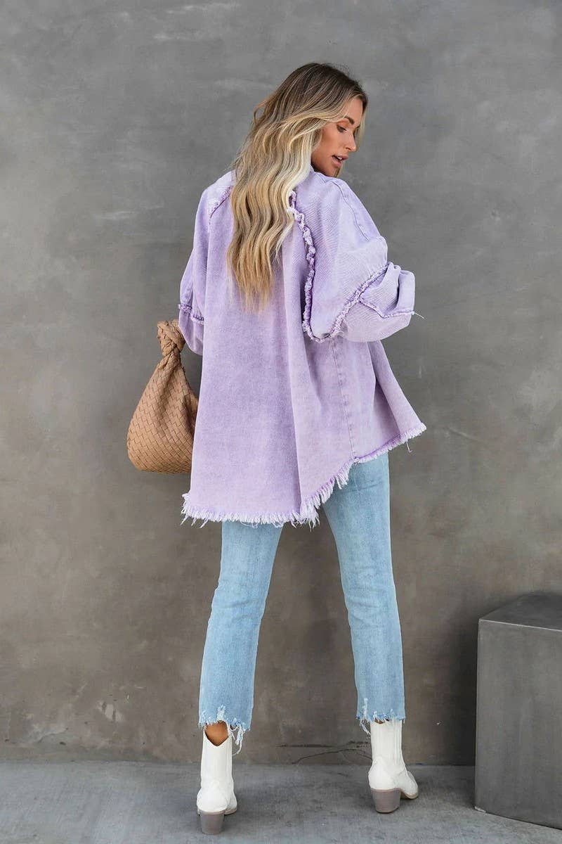 Loose raw edge patchwork pocket denim shirt jacket