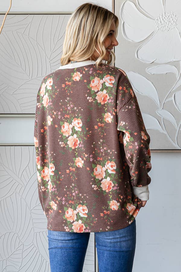 Cozy Floral Rib Drop Shoulder V-Stitch Pullover Top T5699