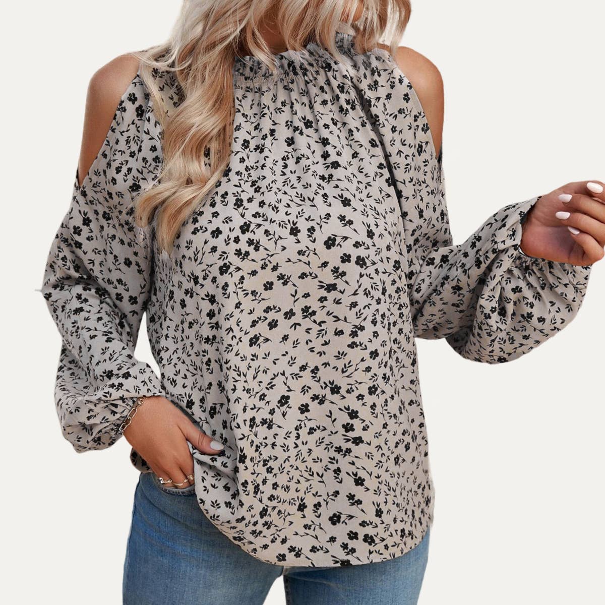 Sweetness Floral Print Cold-Shoulder Long Sleeve Top