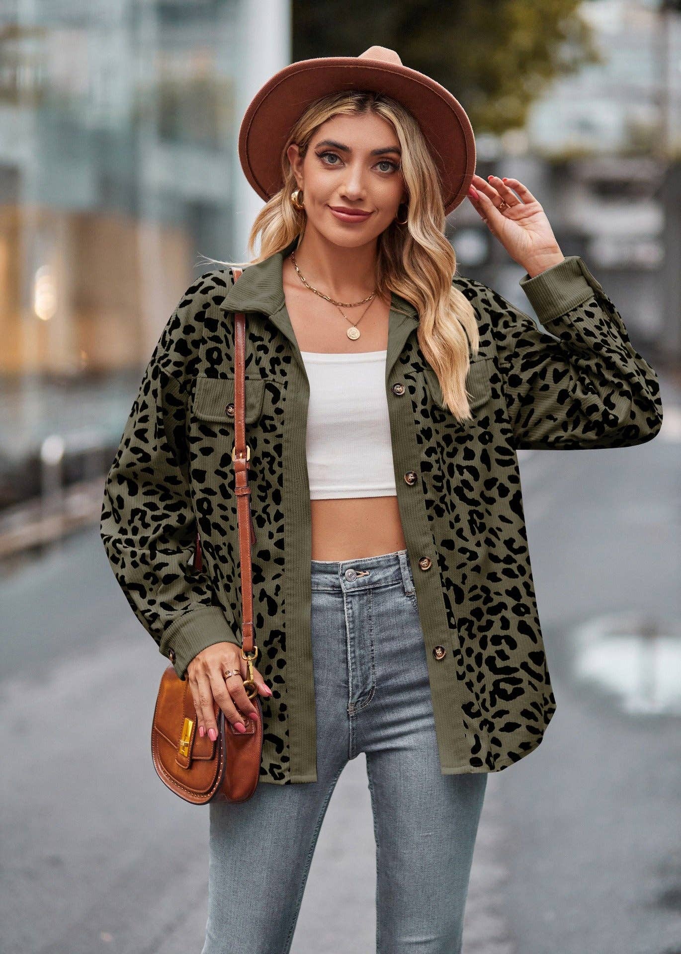 Leopard Corduroy Shirt Jacket - Button Down Oversized Fit