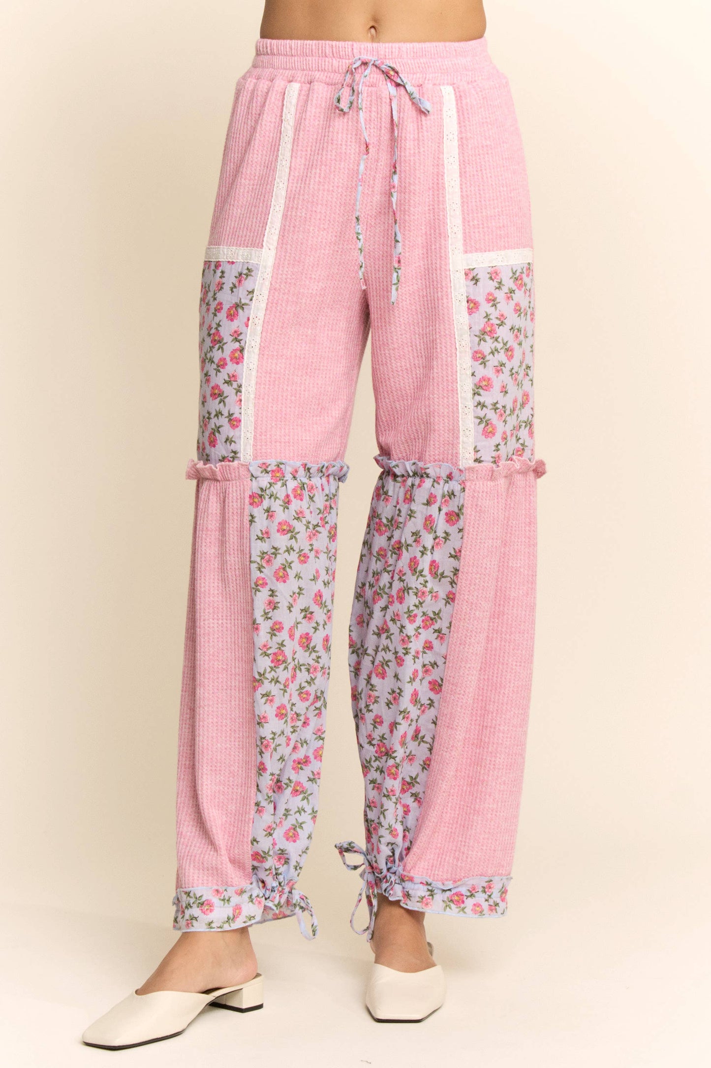WAFFLE KNIT FLOWER PRINT LACE ELASTIC WAIST PANT