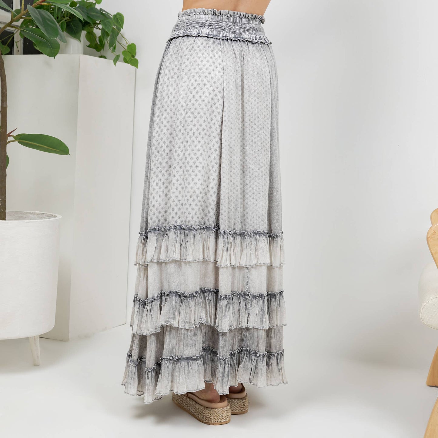 Rustic Textured Smocked Waist Ruffled Tiered Maxi Skirt