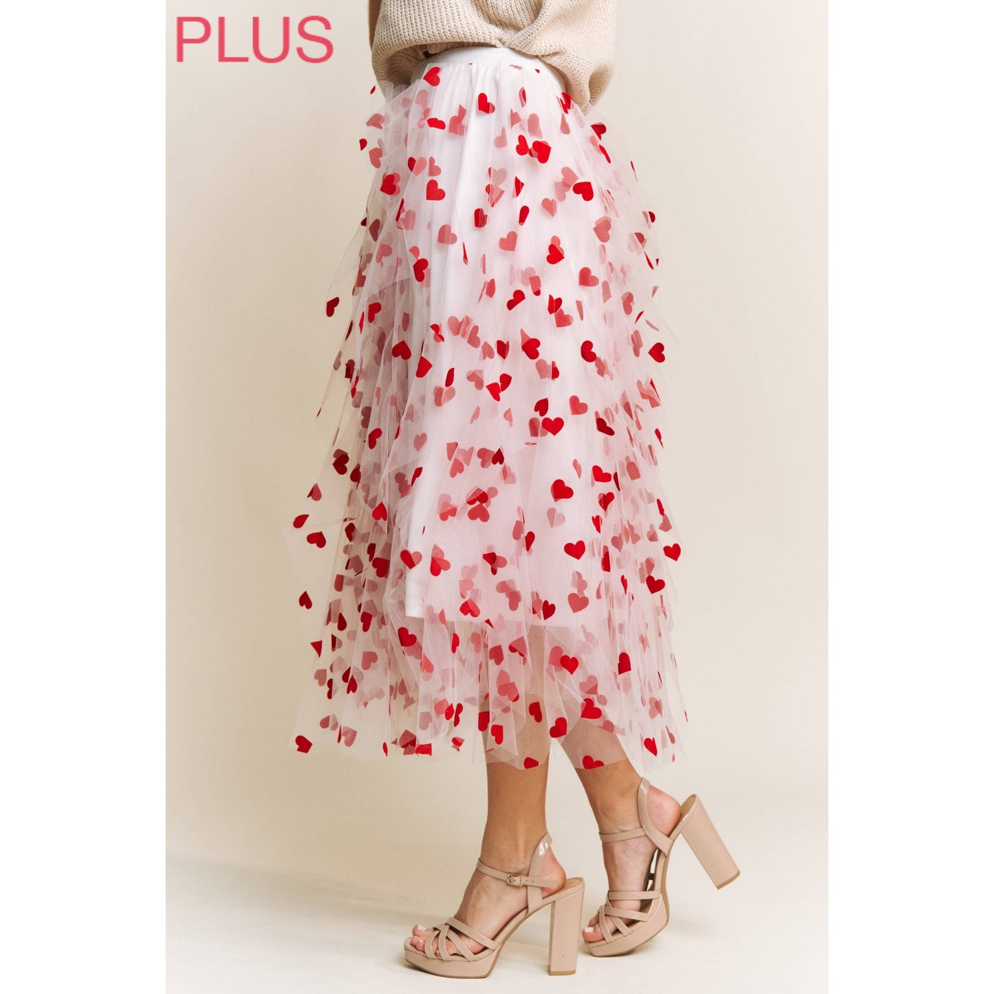 PLUS HEART VELVET FLOCKING MESH LAYERED MIDI SKIRT