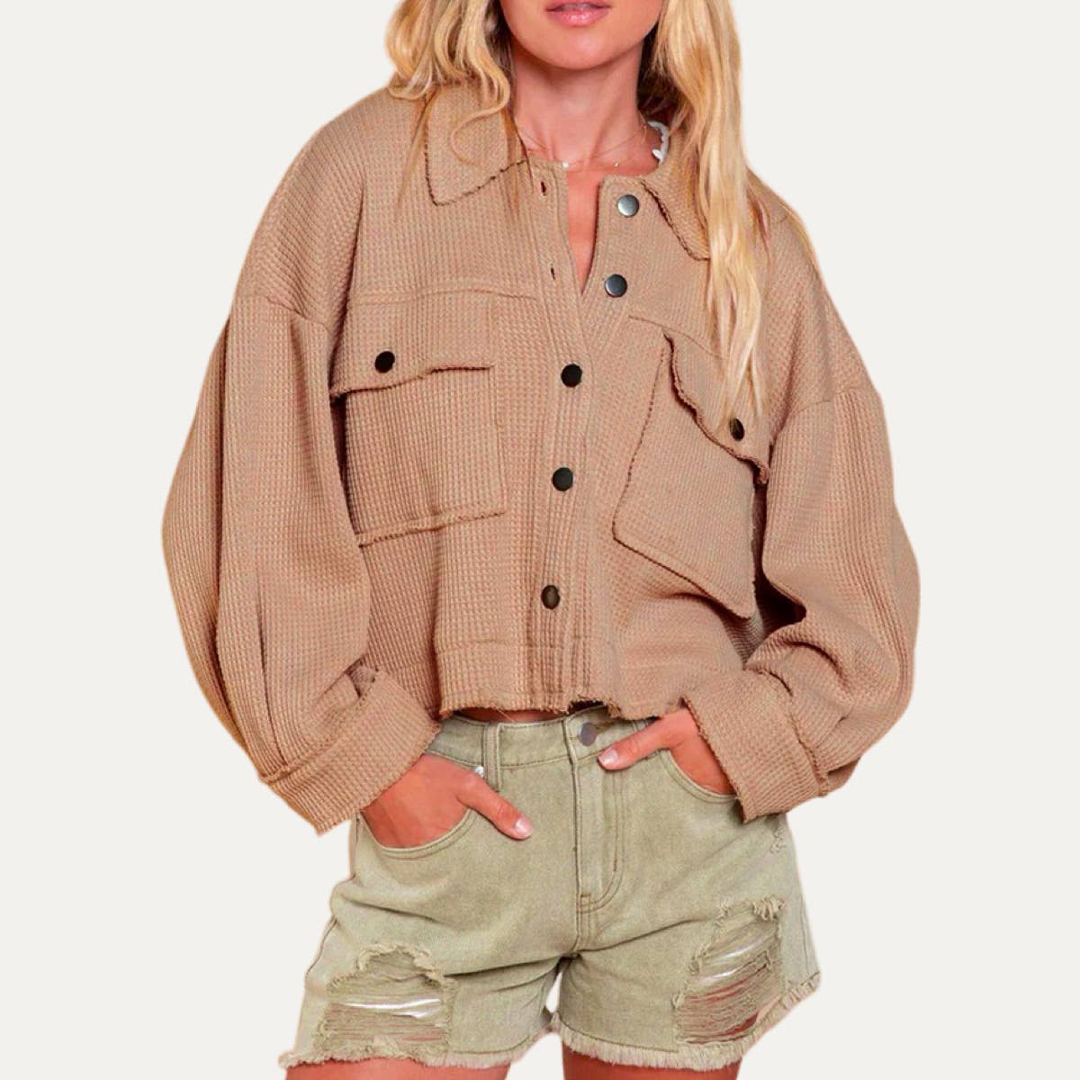 Always Popular Textured Button-Up Long Sleeve Cropped Jacket