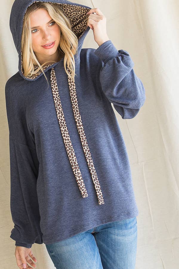 Leopard Drawstring Balloon Sleeves Pullover Hoodie T3716
