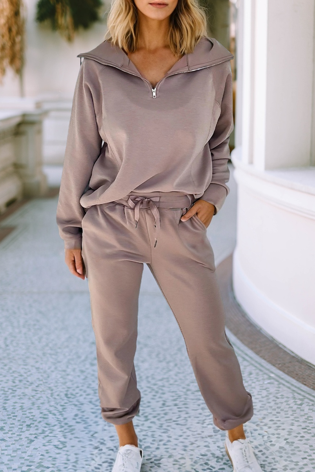 LDC Zip Collar Long Sleeve Top Drawstring Pants Set