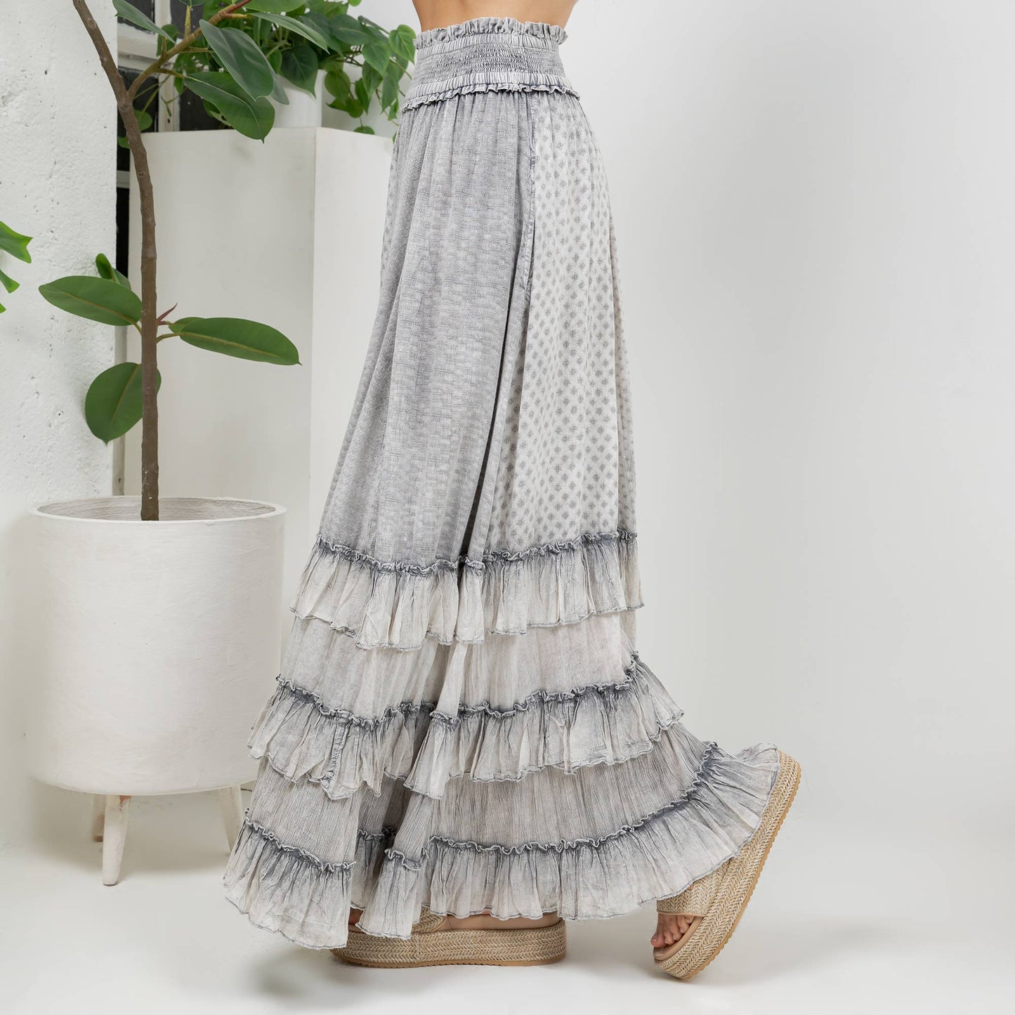 Rustic Textured Smocked Waist Ruffled Tiered Maxi Skirt