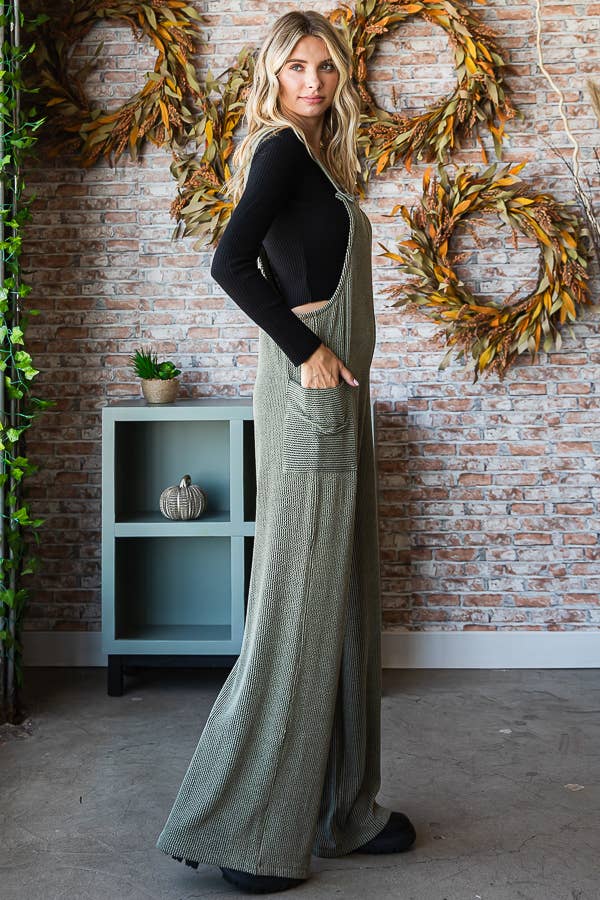 Rib Knit Wide Leg Adjustable Strap Overall Jumpsuit J5293