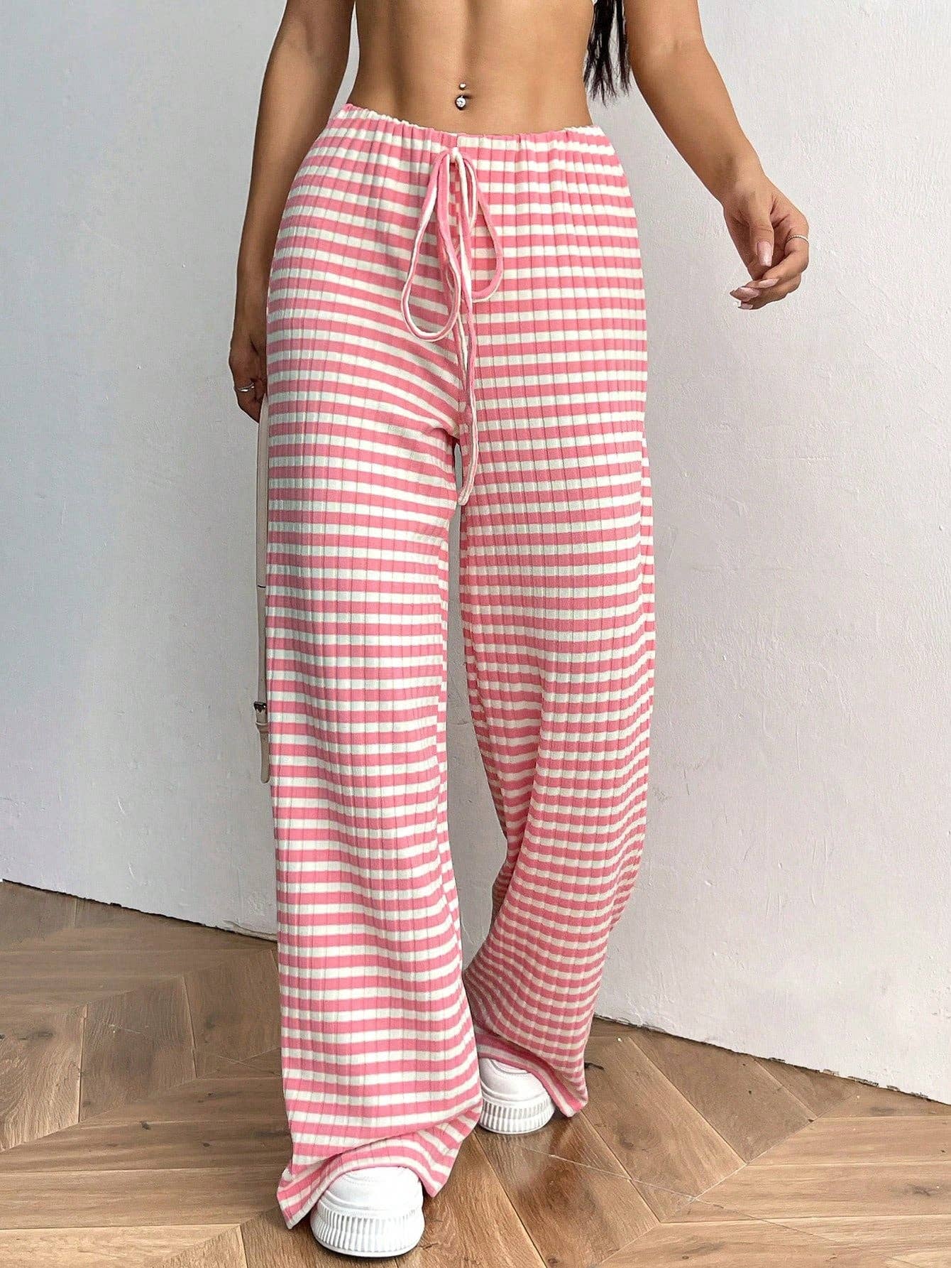 Striped Cotton Lounge Pants with Drawstring Waistband