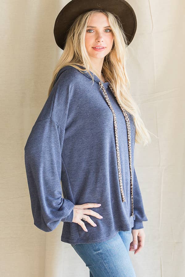 Leopard Drawstring Balloon Sleeves Pullover Hoodie T3716