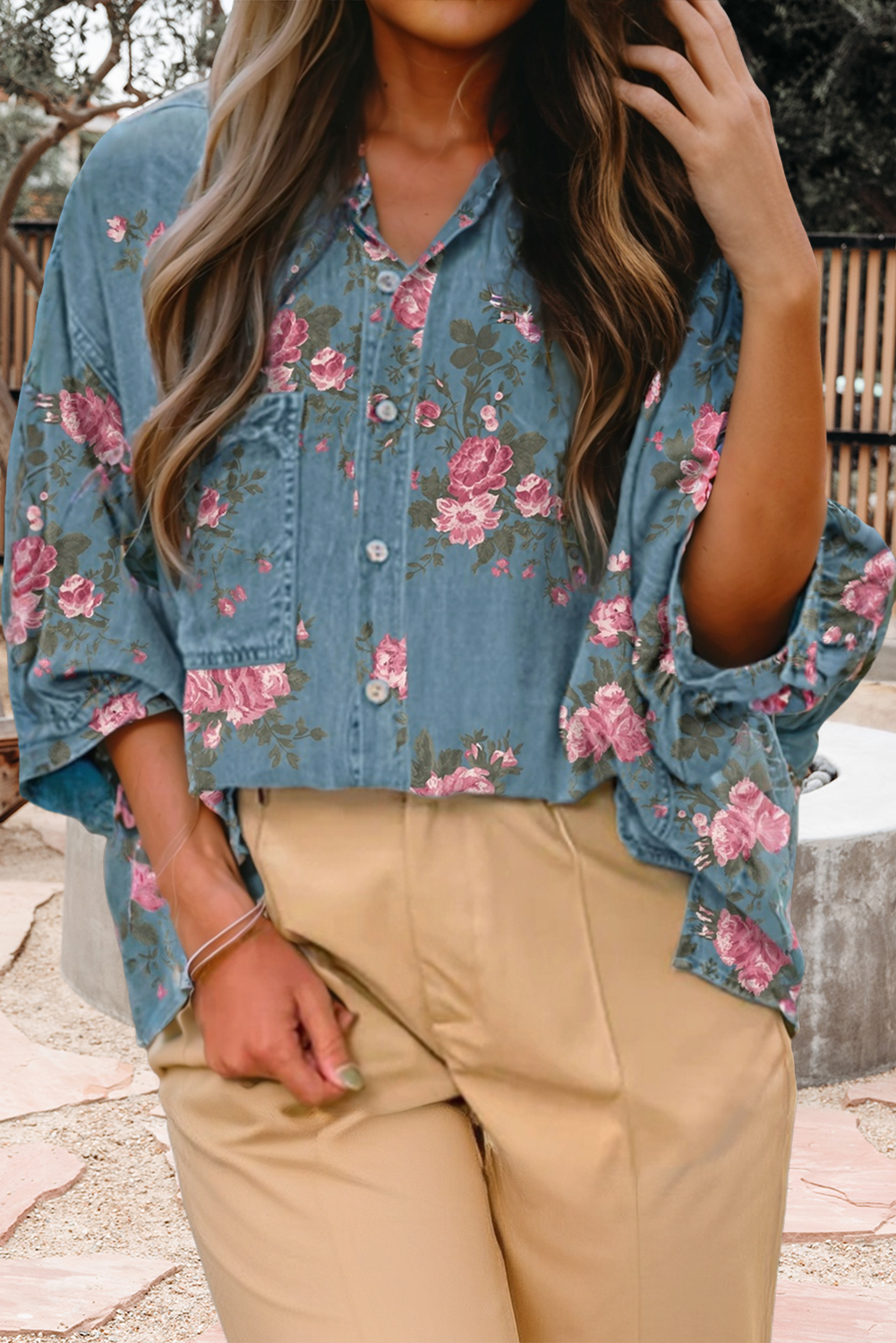 Floral Print Collared Bracelet Sleeve Denim Shirt
