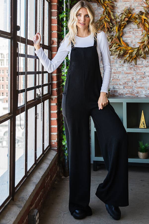 Rib Knit Wide Leg Adjustable Strap Overall Jumpsuit J5293