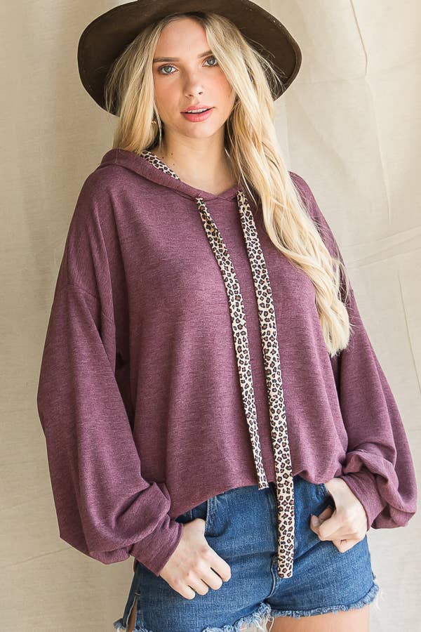 Leopard Drawstring Balloon Sleeves Pullover Hoodie T3716