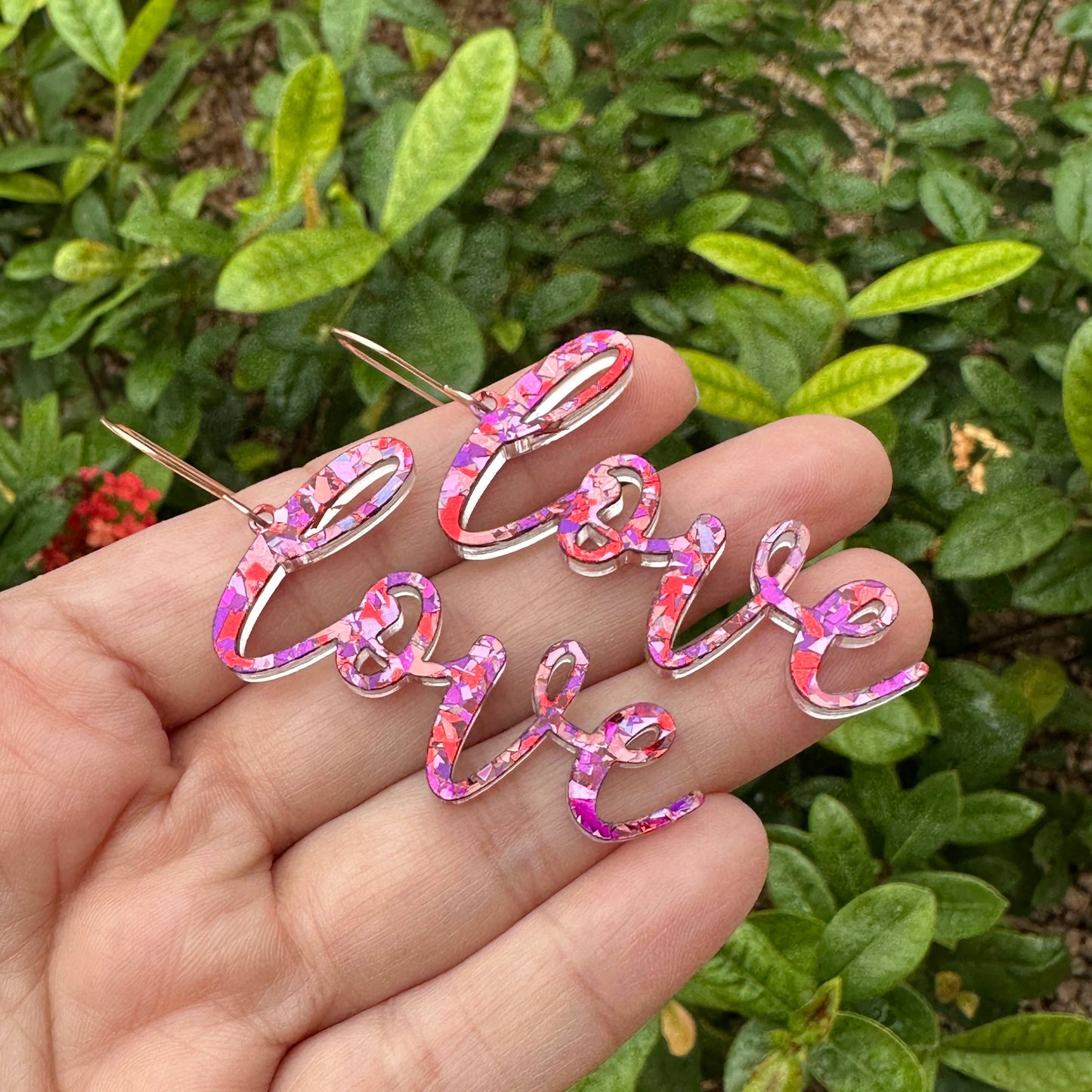 Valentine's Day Earrings, Pink Love Dangle Earrings 