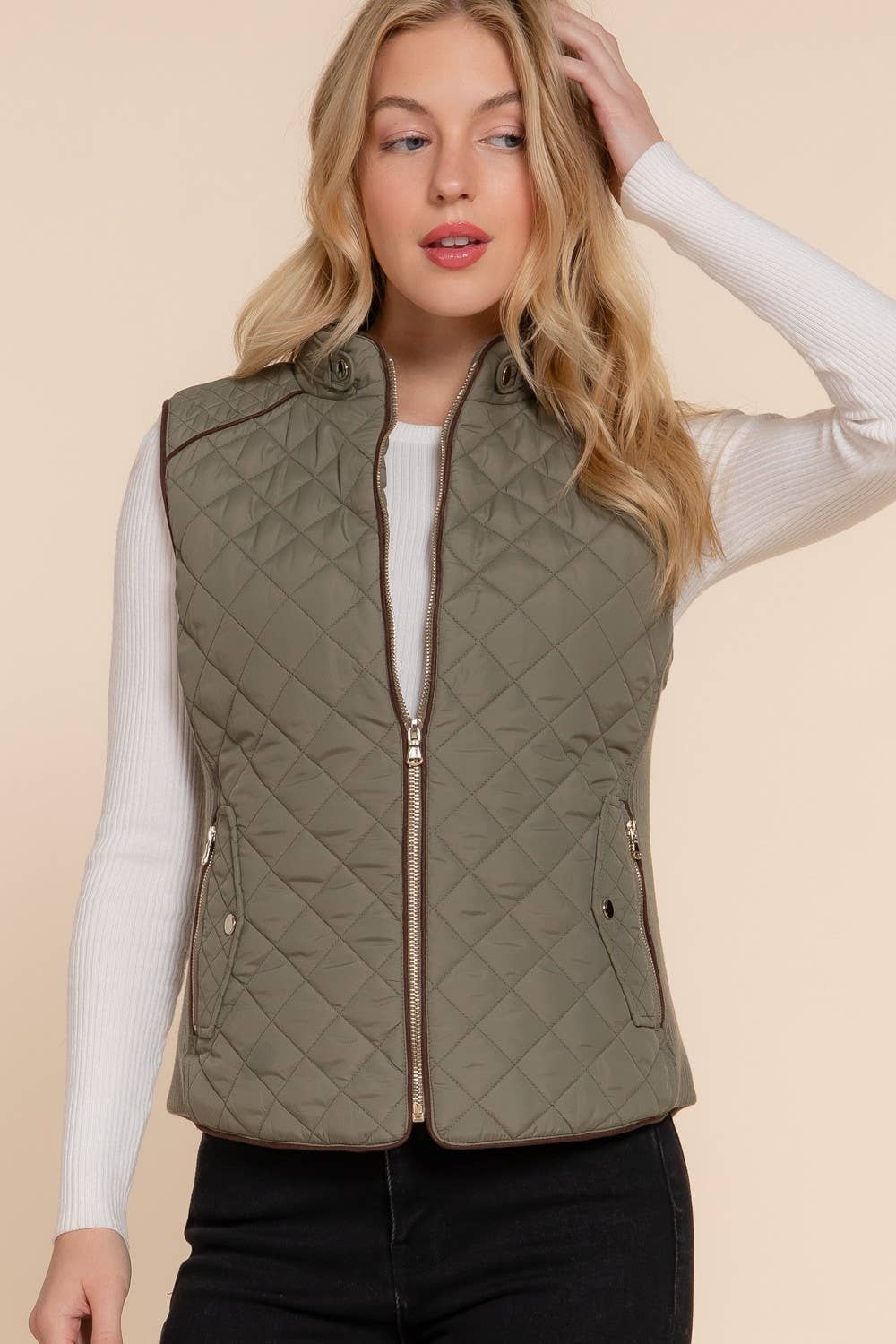 Plus Suede Piping Detail Side Rib Quilted Padding Vest
