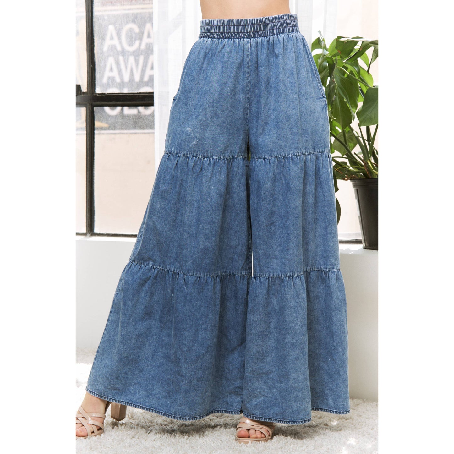 CHIC DENIM ELASTIC WAIST BAND WIDE LEG FLARED PANTS